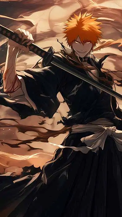 Kurosaki Ichigo 4K wallpaper with zanpakuto and spiritual energy from Bleach anime, free Ultra HD download for all devices