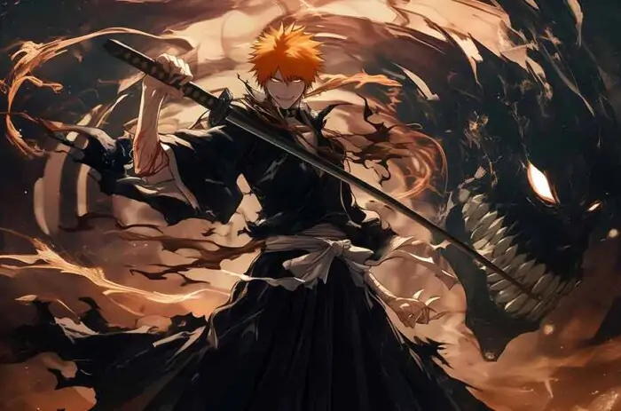 Kurosaki Ichigo 4K wallpaper with zanpakuto and spiritual energy from Bleach anime, free Ultra HD download for all devices
