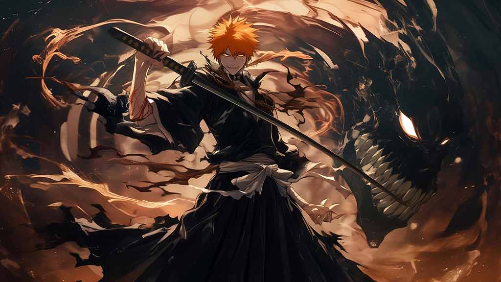 Fond d'écran 4K de Kurosaki Ichigo avec zanpakuto et énergie spirituelle de l'anime Bleach, téléchargement Ultra HD gratuit pour tous les appareils