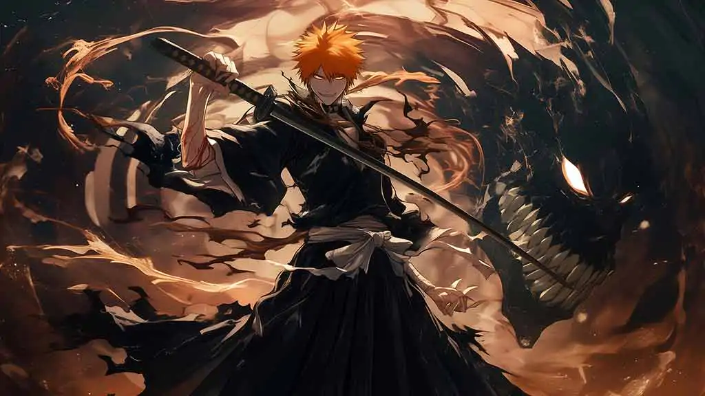 Kurosaki Ichigo 4K wallpaper with zanpakuto and spiritual energy from Bleach anime, free Ultra HD download for all devices