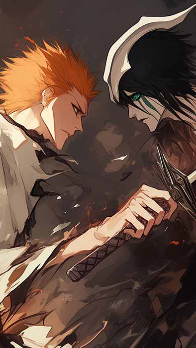 Fond d'écran 4K du combat Ichigo contre Ulquiorra, tiré de l'anime Bleach, Ultra HD, gratuit pour PC et mobile. Aucune inscription requise pour cet affrontement épique !