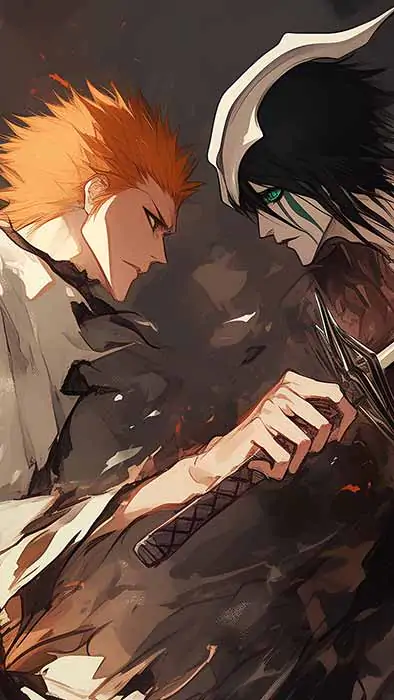 Ichigo vs Ulquiorra 4K wallpaper showing the fight between Soul Reaper and Fourth Espada - free Bleach anime HD background for pc & mobile