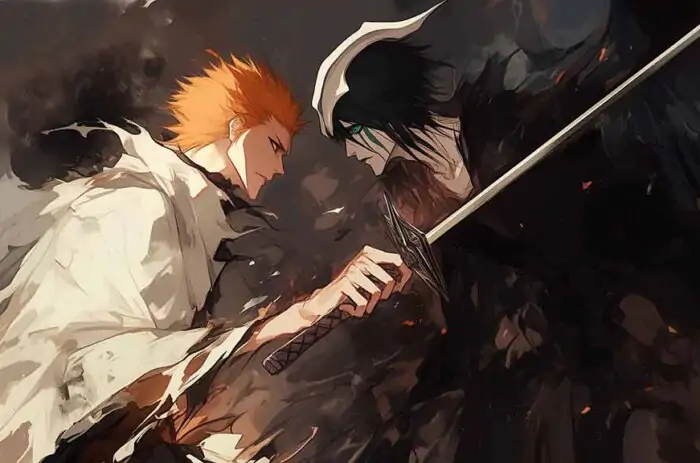 Ichigo vs Ulquiorra 4K wallpaper showing the fight between Soul Reaper and Fourth Espada - free Bleach anime HD background for pc & mobile
