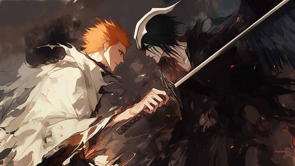 Fond d'écran 4K du combat Ichigo contre Ulquiorra, tiré de l'anime Bleach, Ultra HD, gratuit pour PC et mobile. Aucune inscription requise pour cet affrontement épique !