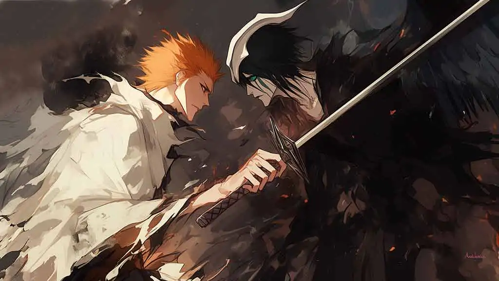 Ichigo vs Ulquiorra 4K wallpaper showing the fight between Soul Reaper and Fourth Espada - free Bleach anime HD background for pc & mobile