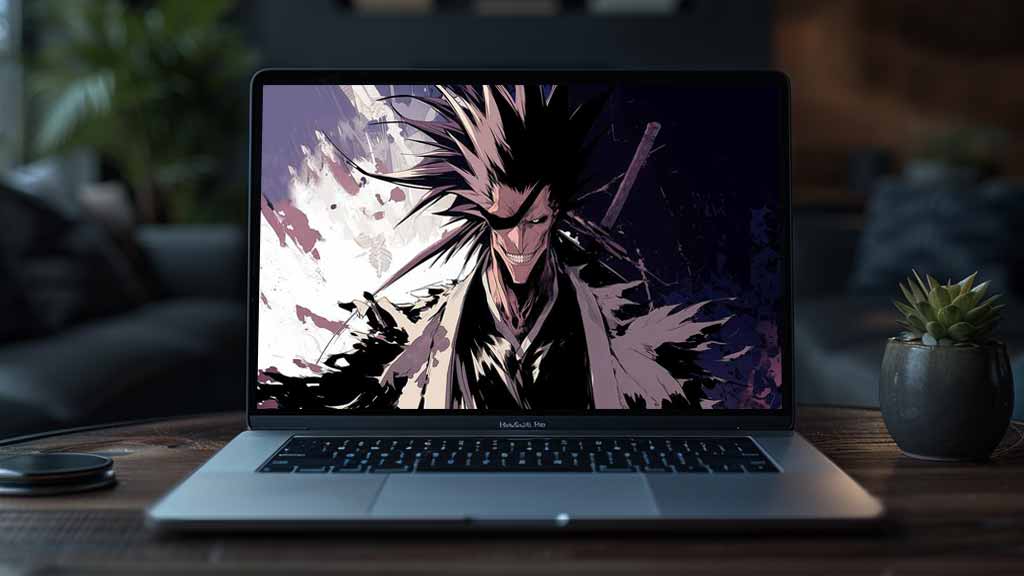 Fond d'écran 4K de Zaraki Kenpachi avec des cheveux hérissés et un sourire menaçant de l'anime Bleach, téléchargement Ultra HD gratuit