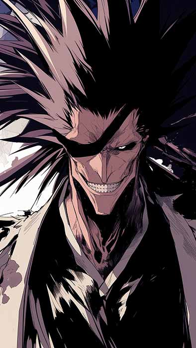 Fond d'écran 4K de Zaraki Kenpachi avec des cheveux hérissés et un sourire menaçant de l'anime Bleach, téléchargement Ultra HD gratuit