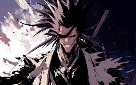 Fond d'écran 4K de Zaraki Kenpachi avec des cheveux hérissés et un sourire menaçant de l'anime Bleach, téléchargement Ultra HD gratuit