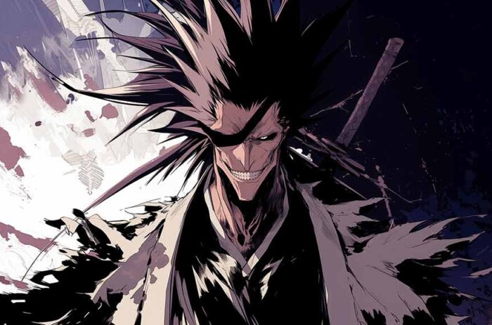 Fond d'écran 4K de Zaraki Kenpachi avec des cheveux hérissés et un sourire menaçant de l'anime Bleach, téléchargement Ultra HD gratuit