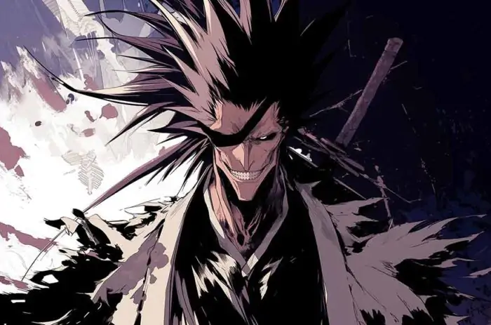 Fond d'écran 4K de Zaraki Kenpachi avec des cheveux hérissés et un sourire menaçant de l'anime Bleach, téléchargement Ultra HD gratuit