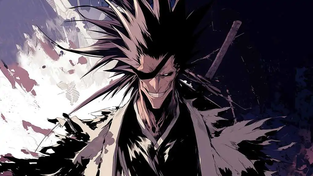 Zaraki Kenpachi 4K wallpaper with spiked hair and menacing smile from Bleach anime, free Ultra HD download