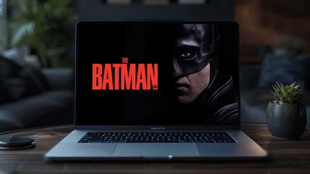 Batman face close-up 4K wallpaper showing Dark Knight mask with red title Ultra HD superhero background free download