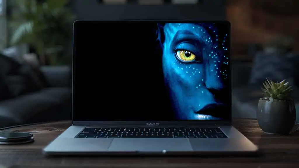 Avatar 4K HD movie poster wallpaper 4k showing close-up of blue Na'vi character with golden eyes and glowing skin patterns Free download