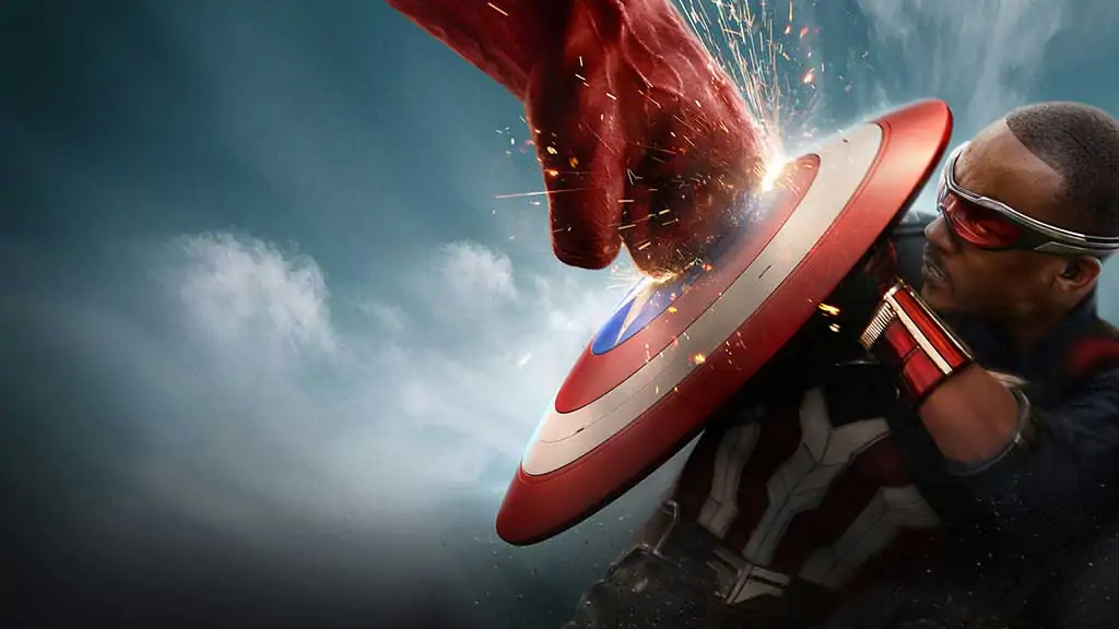 Captain America Brave New World 4K wallpaper Ultra HD showing shield action Red Hulk with sparks for desktop and laptop free download