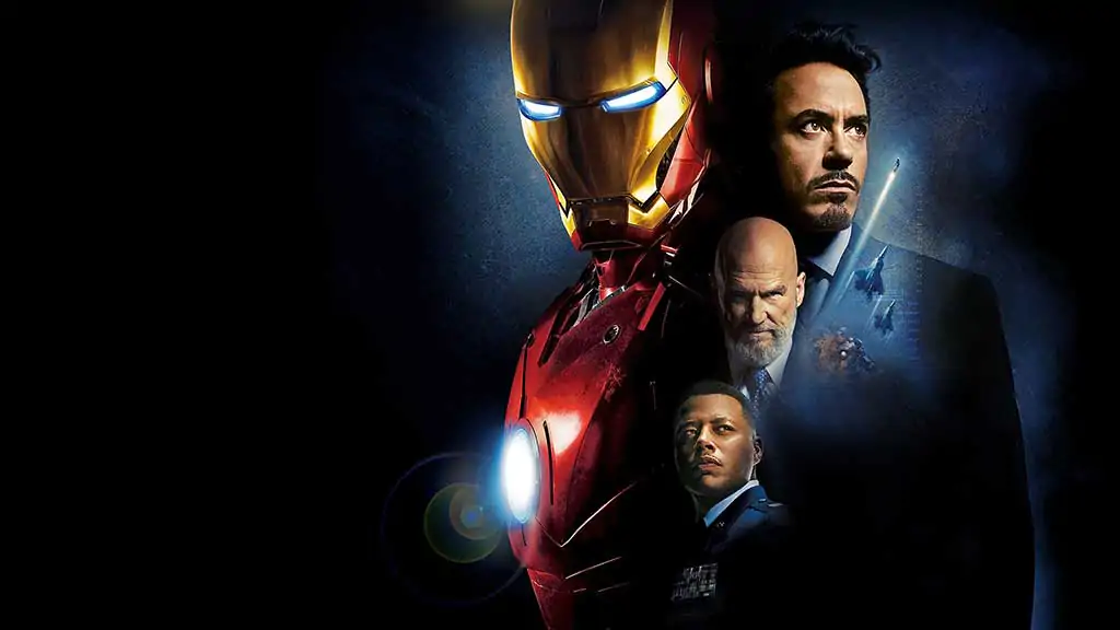 Iron Man 4K HD wallpaper featuring Tony Stark in red and gold armor with supporting characters from Marvel movies, available for free download