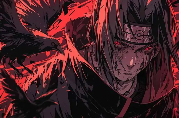 Itachi Uchiha wallpaper 4k showing Akatsuki member with crows HD background free download for Pc & mobile