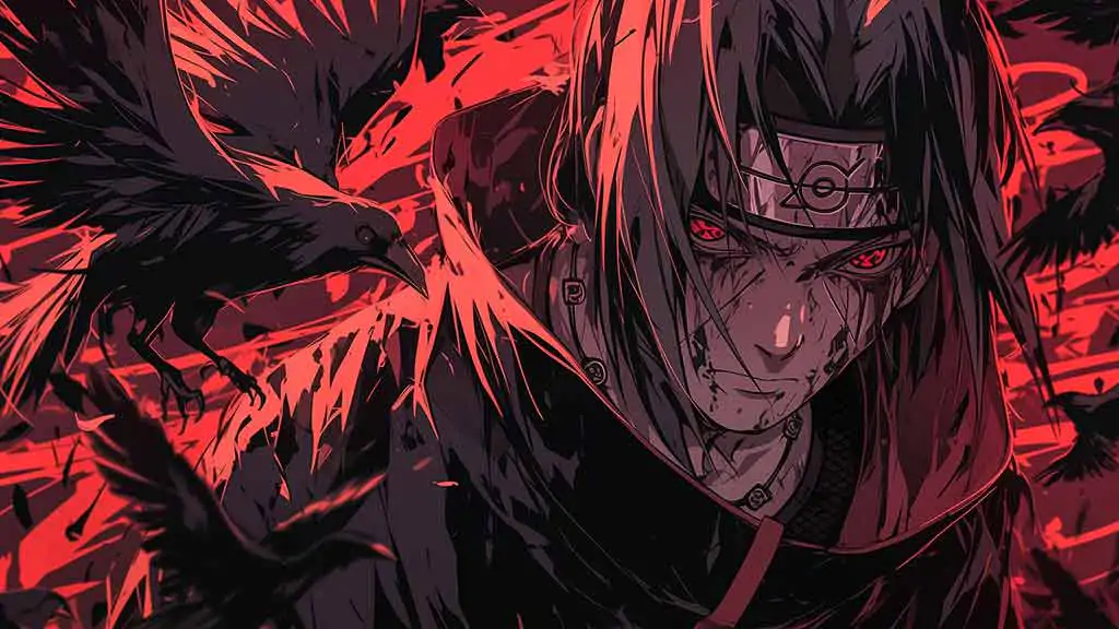 Itachi Uchiha wallpaper 4k showing Akatsuki member with crows HD background free download for Pc & mobile