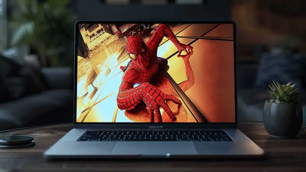 Spider-Man movie 4K wallpaper showing web-slinger swinging through New York City skyscrapers Ultra HD background Free