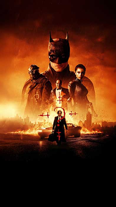 The Batman movie 4K wallpaper 4k showing Dark Knight with Catwoman Riddler in fiery Gotham City HD background