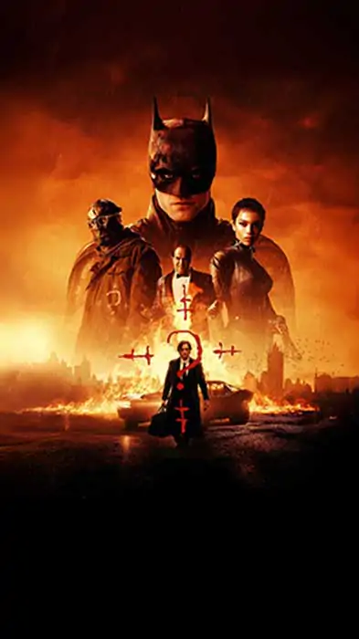 The Batman movie 4K wallpaper 4k showing Dark Knight with Catwoman Riddler in fiery Gotham City HD background