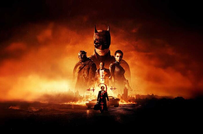 The Batman movie 4K wallpaper 4k showing Dark Knight with Catwoman Riddler in fiery Gotham City HD background