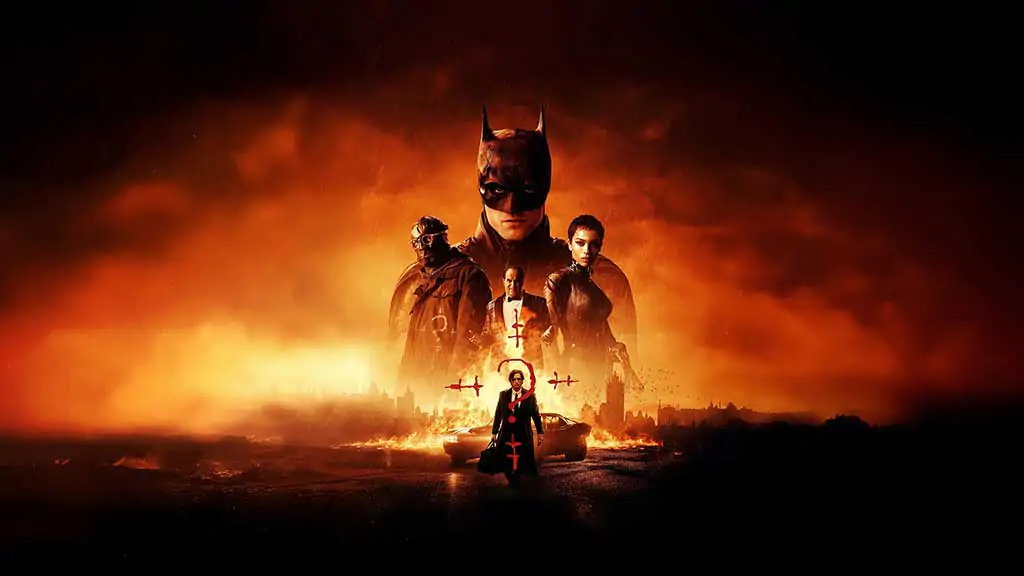 The Batman movie 4K wallpaper 4k showing Dark Knight with Catwoman Riddler in fiery Gotham City HD background