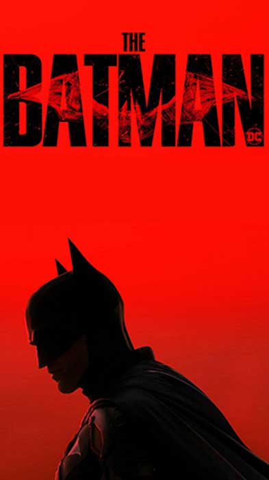 The Batman red logo 4K wallpaper showing Dark Knight silhouette with cracked title text ultra HD background free download
