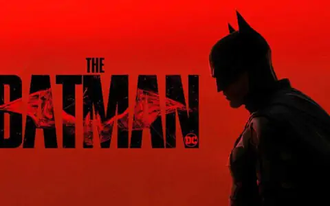 The Batman red logo 4K wallpaper showing Dark Knight silhouette with cracked title text ultra HD background free download