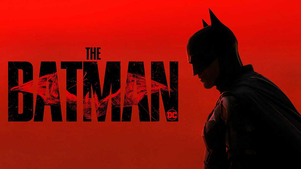 The Batman red logo 4K wallpaper showing Dark Knight silhouette with cracked title text ultra HD background free download