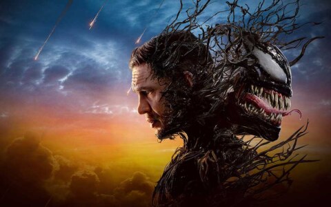 Venom 3 movie poster 4K wallpaper showing Eddie Brock and symbiote against dramatic sunset sky - free HD Marvel download
