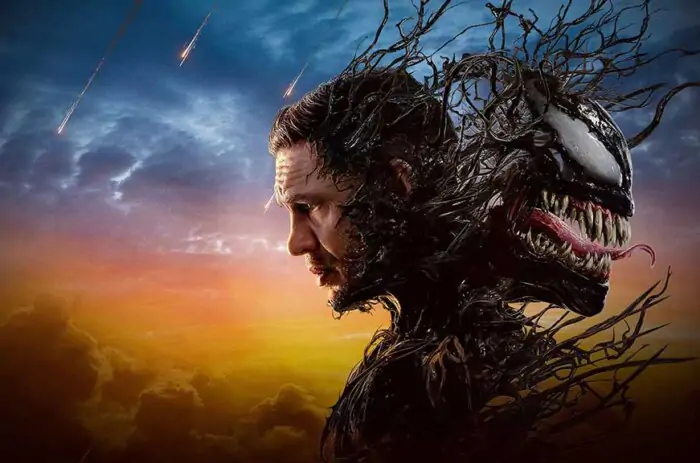 Venom 3 movie poster 4K wallpaper showing Eddie Brock and symbiote against dramatic sunset sky - free HD Marvel download