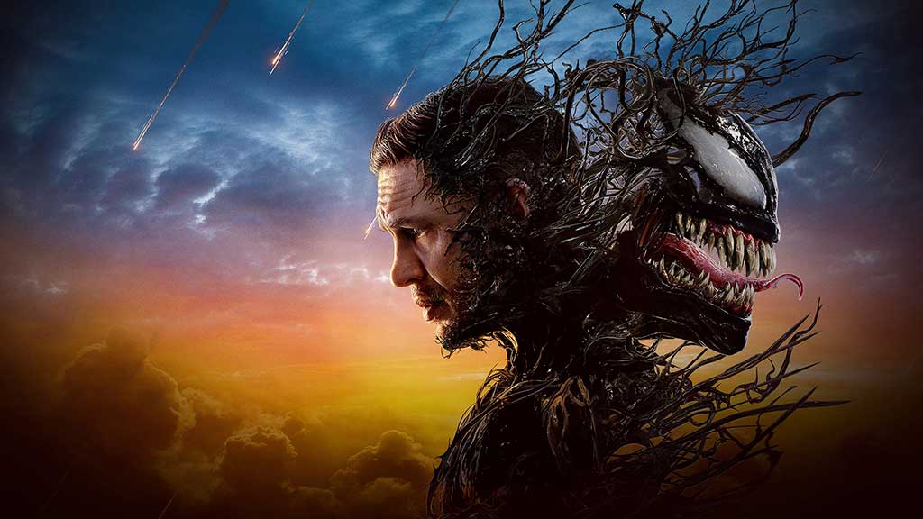 Venom 3 movie poster 4K wallpaper showing Eddie Brock and symbiote against dramatic sunset sky - free HD Marvel download