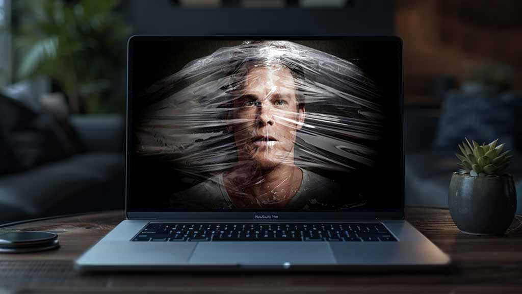 Dexter 4K wallpaper featuring TV series character with dramatic plastic wrap artistic effect and intense lighting against dark background