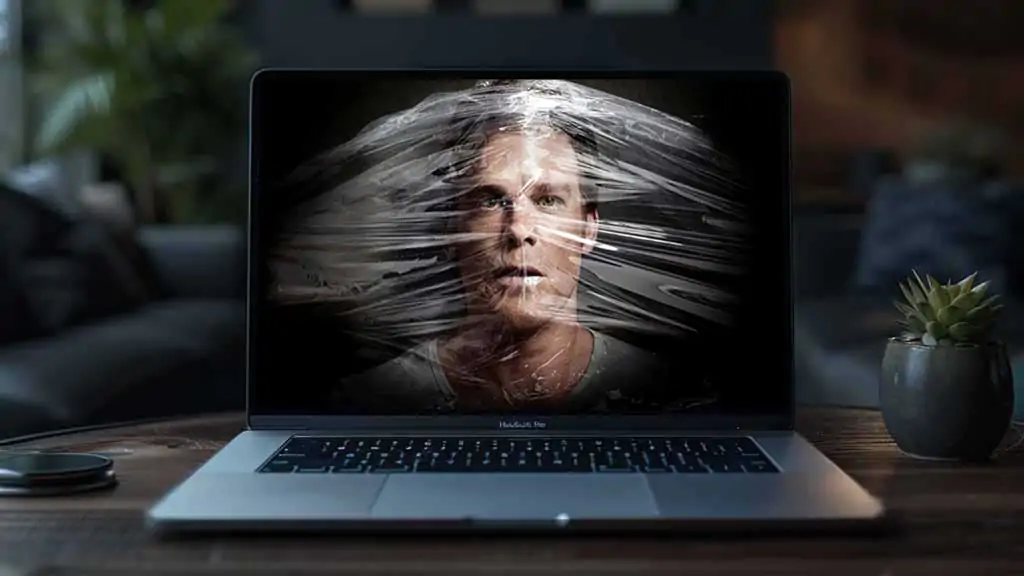 Dexter 4K wallpaper featuring TV series character with dramatic plastic wrap artistic effect and intense lighting against dark background