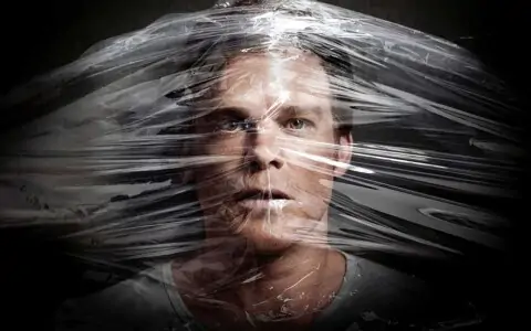 Dexter 4K wallpaper featuring TV series character with dramatic plastic wrap artistic effect and intense lighting against dark background