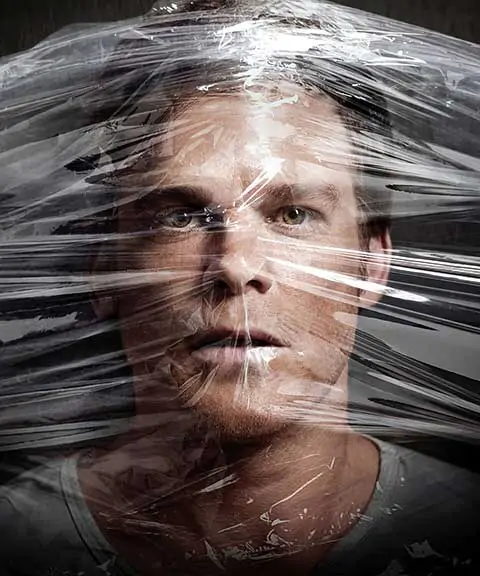 Dexter 4K wallpaper featuring TV series character with dramatic plastic wrap artistic effect and intense lighting against dark background