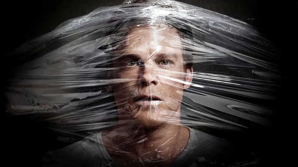 Dexter 4K wallpaper featuring TV series character with dramatic plastic wrap artistic effect and intense lighting against dark background