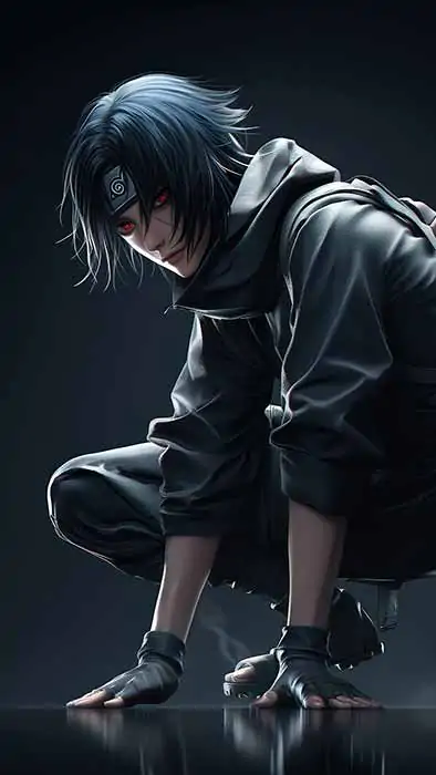 Itachi Uchiha wallpaper 4k seated on dark withe sharingan red eyes HD background free download for Pc & mobile