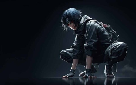 Itachi Uchiha wallpaper 4k seated on dark withe sharingan red eyes HD background free download for Pc & mobile