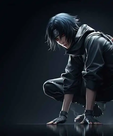 Itachi Uchiha wallpaper 4k seated on dark withe sharingan red eyes HD background free download for Pc & mobile