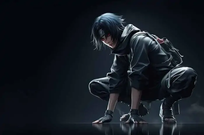 Itachi Uchiha wallpaper 4k seated on dark withe sharingan red eyes HD background free download for Pc & mobile