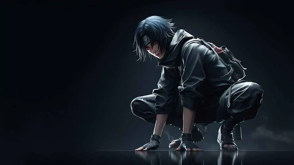 Itachi Uchiha wallpaper 4k seated on dark withe sharingan red eyes HD background free download for Pc & mobile