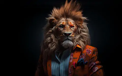 Stylish lion wearing glasses and orange floral suit wallpaper 4K HD dark animal background free download