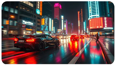 Paysage urbain cyberpunk de nuit, lumières néon, flou de vitesse des voitures volantes, rues pluvieuses, reflets, ultra-HD, esthétique Blade Runner