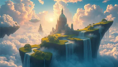 Îles-flottantes-dans-le-ciel,-cascades-se-déversant-dans-les-nuages,-ambiance-magique,-couleurs-vives,-art-conceptuel-fantastique