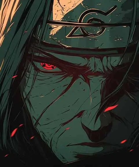 Itachi Uchiha dark Naruto anime wallpaper showing the legendary ninja with red Sharingan eyes against dramatic red and black background with Konoha headband for desktop and laptop