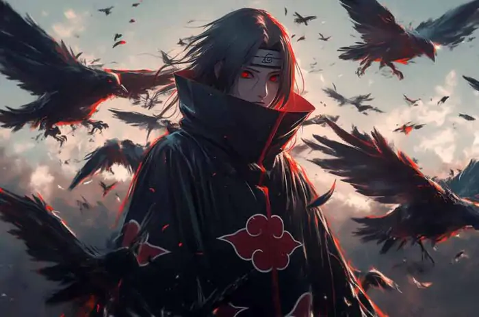 Fond d'écran Itachi Corbeau 4k montrant un membre de l'Akatsuki avec un ciel au coucher de soleil, arrière-plan Ultra HD naruto anime gratuit à télécharger pour ordinateur et téléphone portable