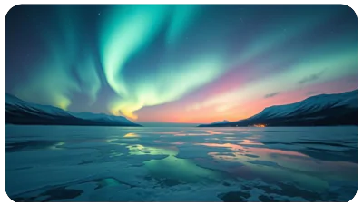 Les aurores boréales au-dessus d'un lac gelé, aurores lumineuses, reflets glacés, paysage hivernal serein, ultra-détaillé, vue cinématique