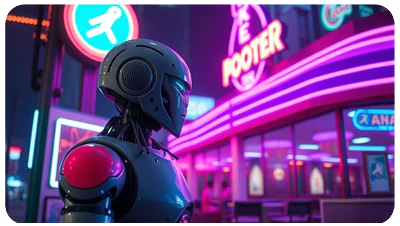 robot at a neon diner, night scene, cyberpunk colors wallpaper