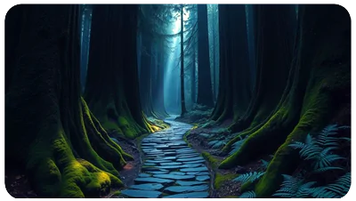 Ancient forest pathway - Moss-covered stone path winding through old-growth forest with massive tree trunks, dappled dark dramatik blue light breaking through the canopy, and ferns lining the trail wallpaper